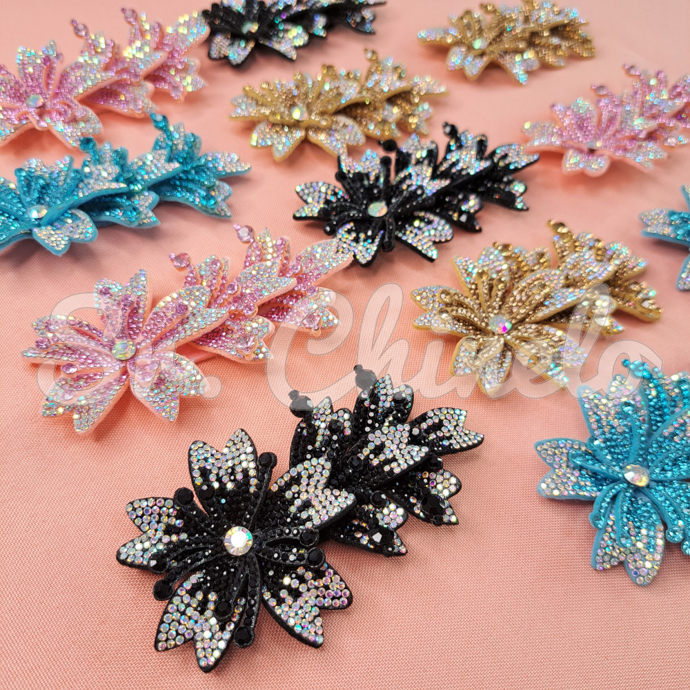 Cabedal Miriam, Três Flores com Strass, Tecido, Rose Gold/Furtacor