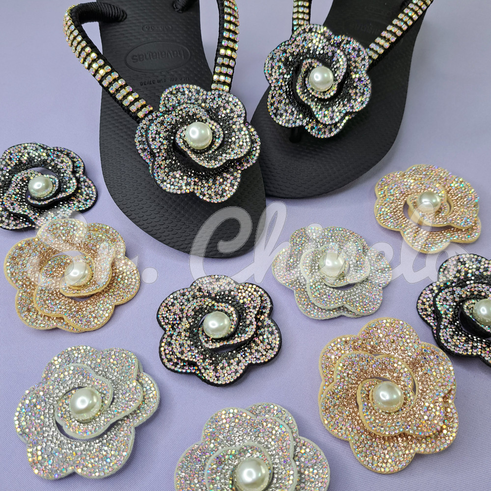 Cabedal Eloá, Flor Camadas com Pérola, Tecido, Branco/Furtacor