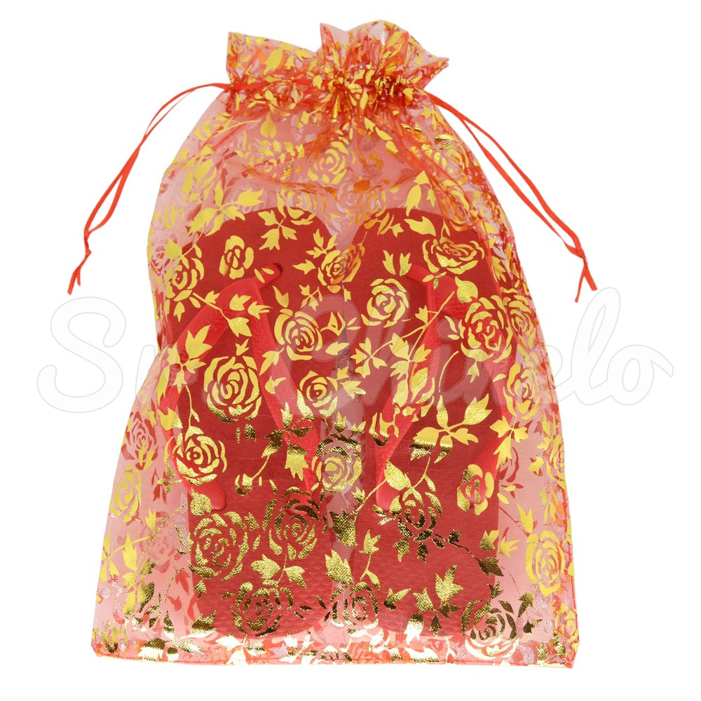 Saquinho de Voal, 20cm x 30cm, Estampa Flores, Vermelho/Dourado