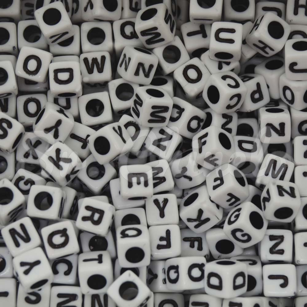 Miçanga Plástica, Letras Aleatórias, Quadrado 06mm, Branco/Preto