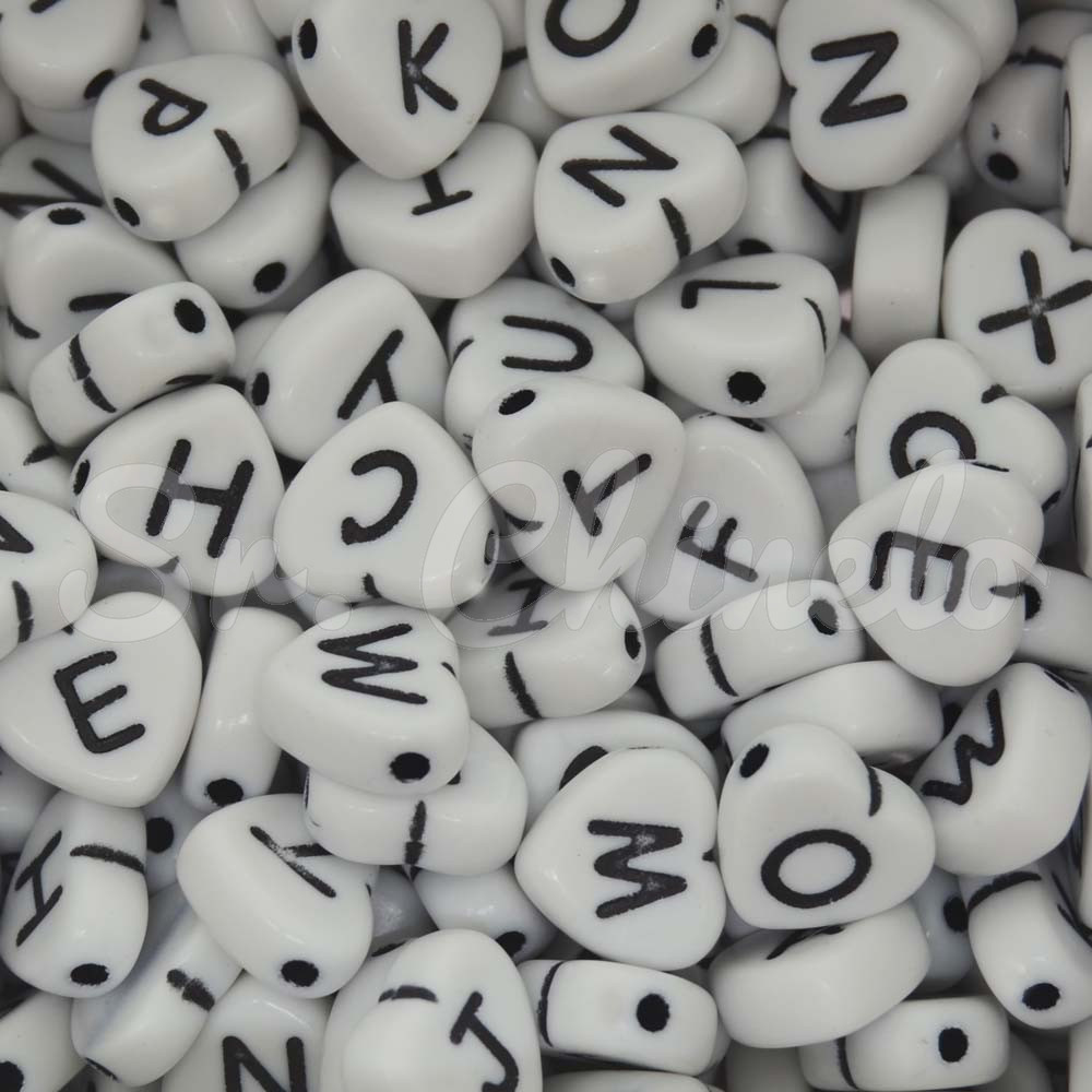 Miçanga Plástica, Letras Aleatórias, Coração 11mm, Branco/Preto