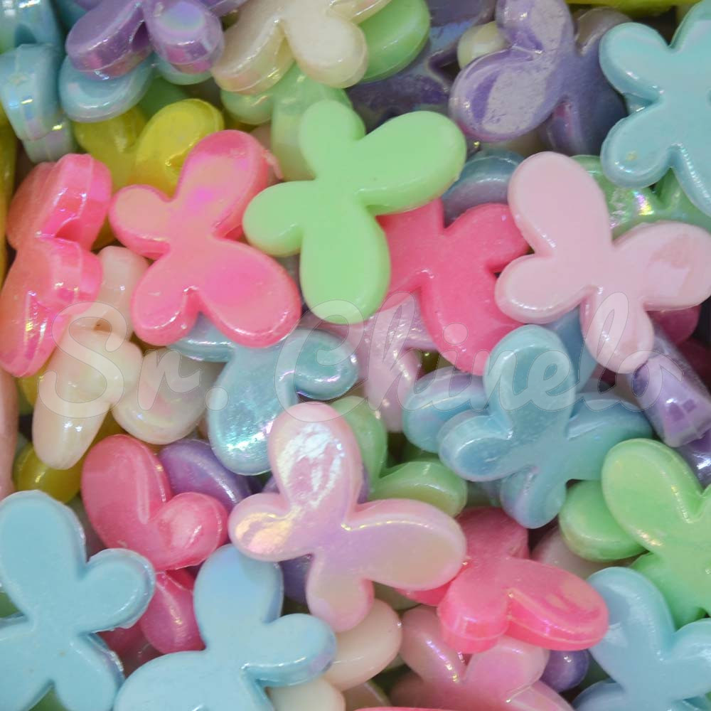 Miçanga Plástica, Borboleta Irisada 18mm, Colorido Claro