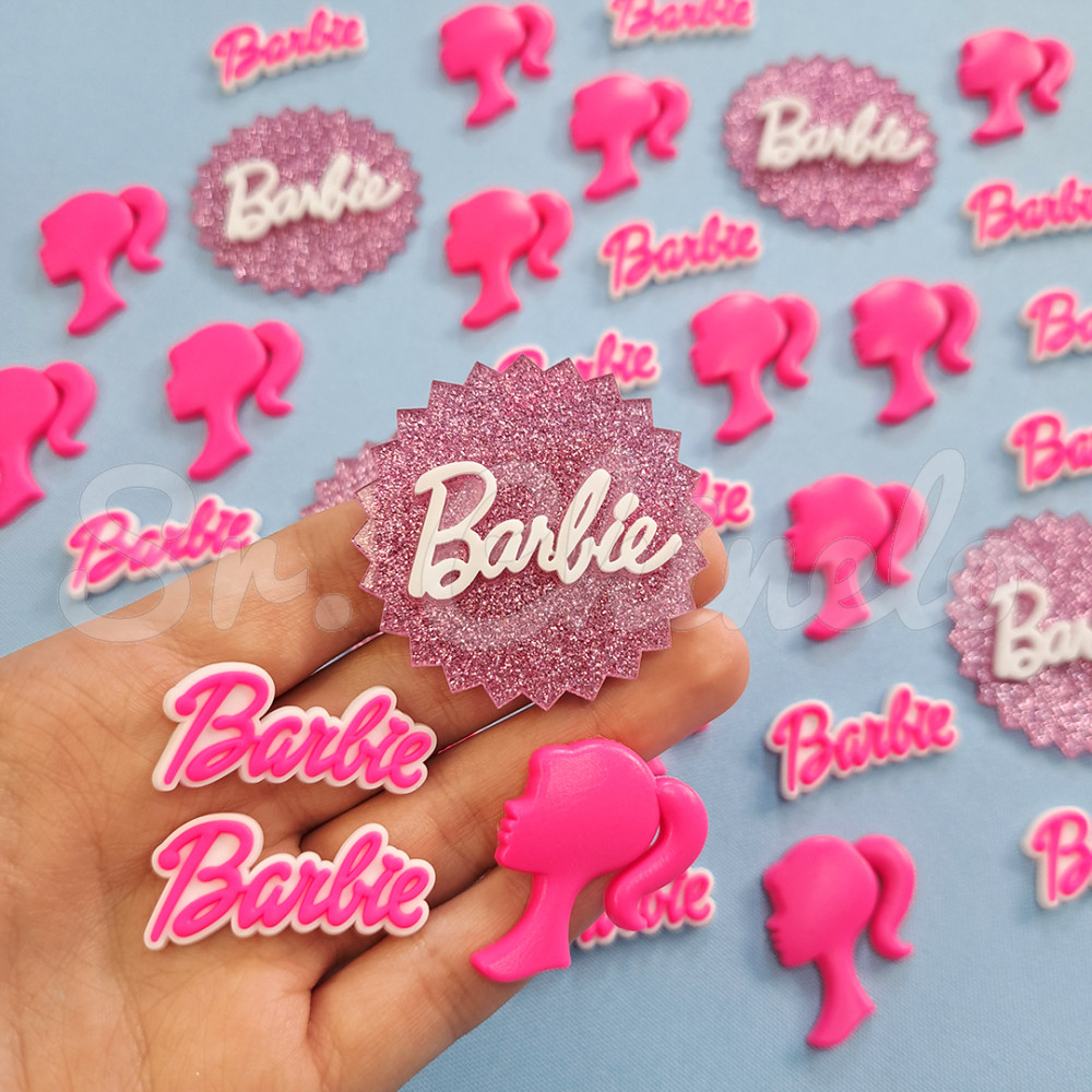 Aplique de Borracha, Palavra Barbie, Rosa/Branco