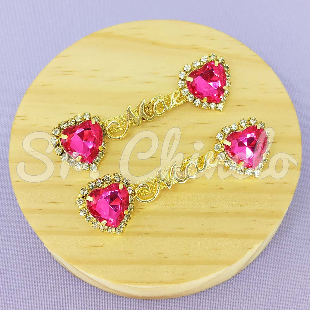 Cabedal Mãe, Coração com Strass, Banhado, Rebite, Rosa