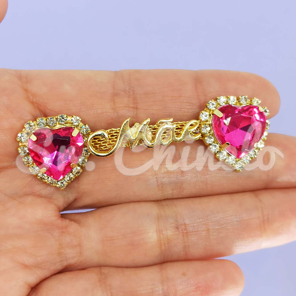 Cabedal Mãe, Coração com Strass, Banhado, Rebite, Rosa