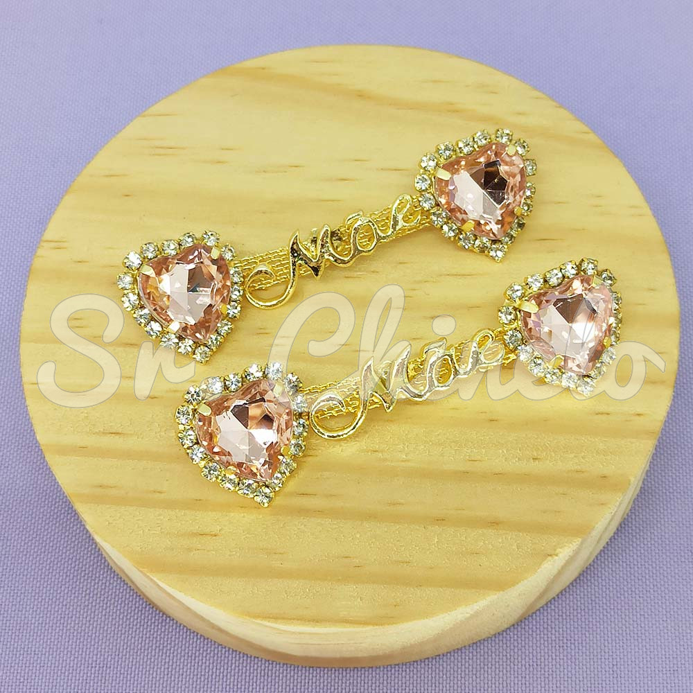 Cabedal Mãe, Coração com Strass, Banhado, Rebite, Rosa Vintage