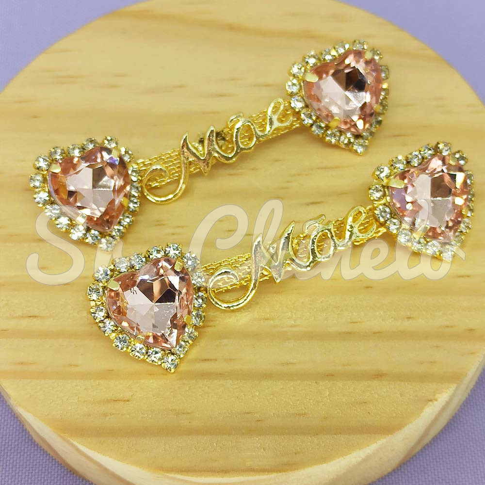 Cabedal Mãe, Coração com Strass, Banhado, Rebite, Rosa Vintage