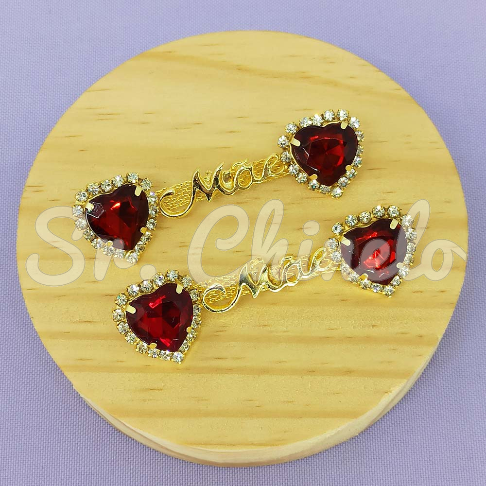Cabedal Mãe, Coração com Strass, Banhado, Rebite, Vermelho