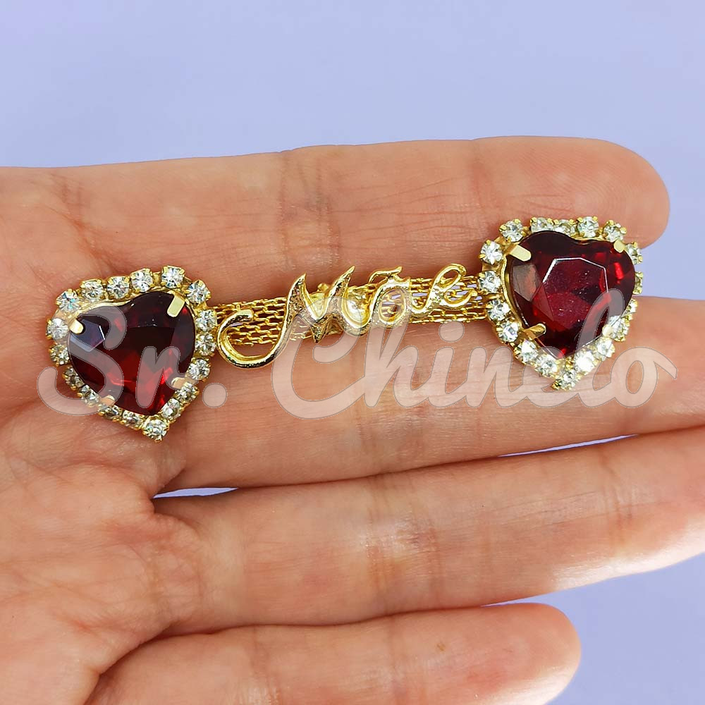 Cabedal Mãe, Coração com Strass, Banhado, Rebite, Vermelho