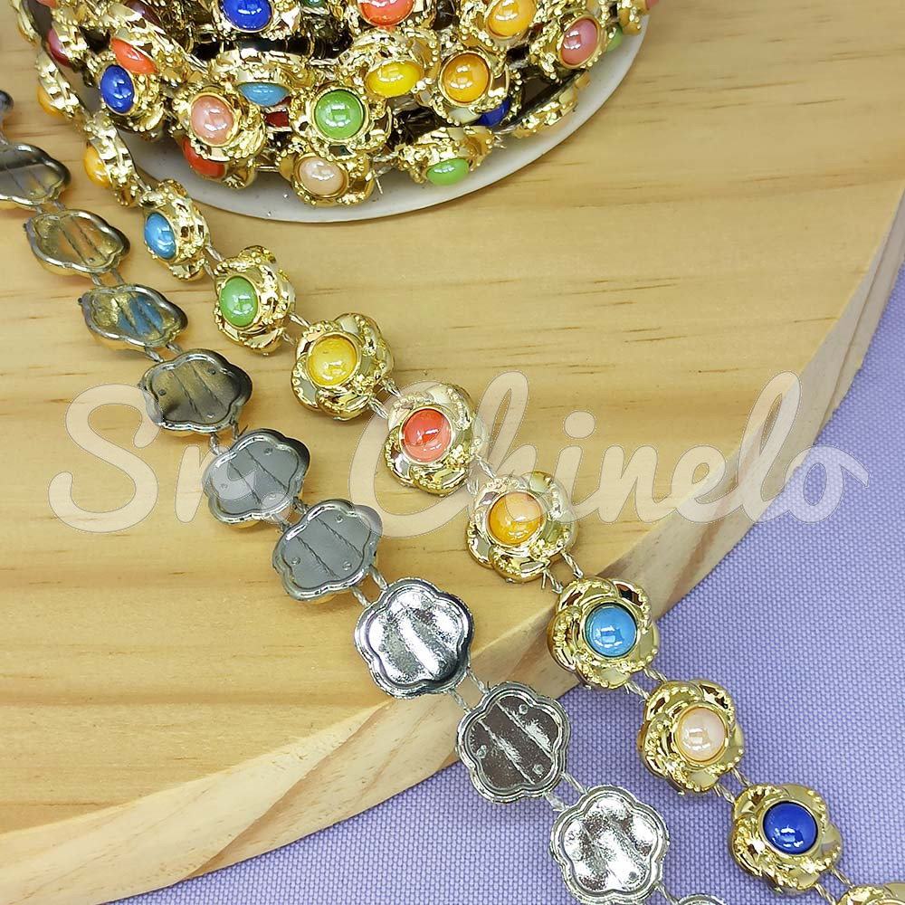 Aljofre de ABS Metalizado, Flor 12mm, Dourado/Colorido