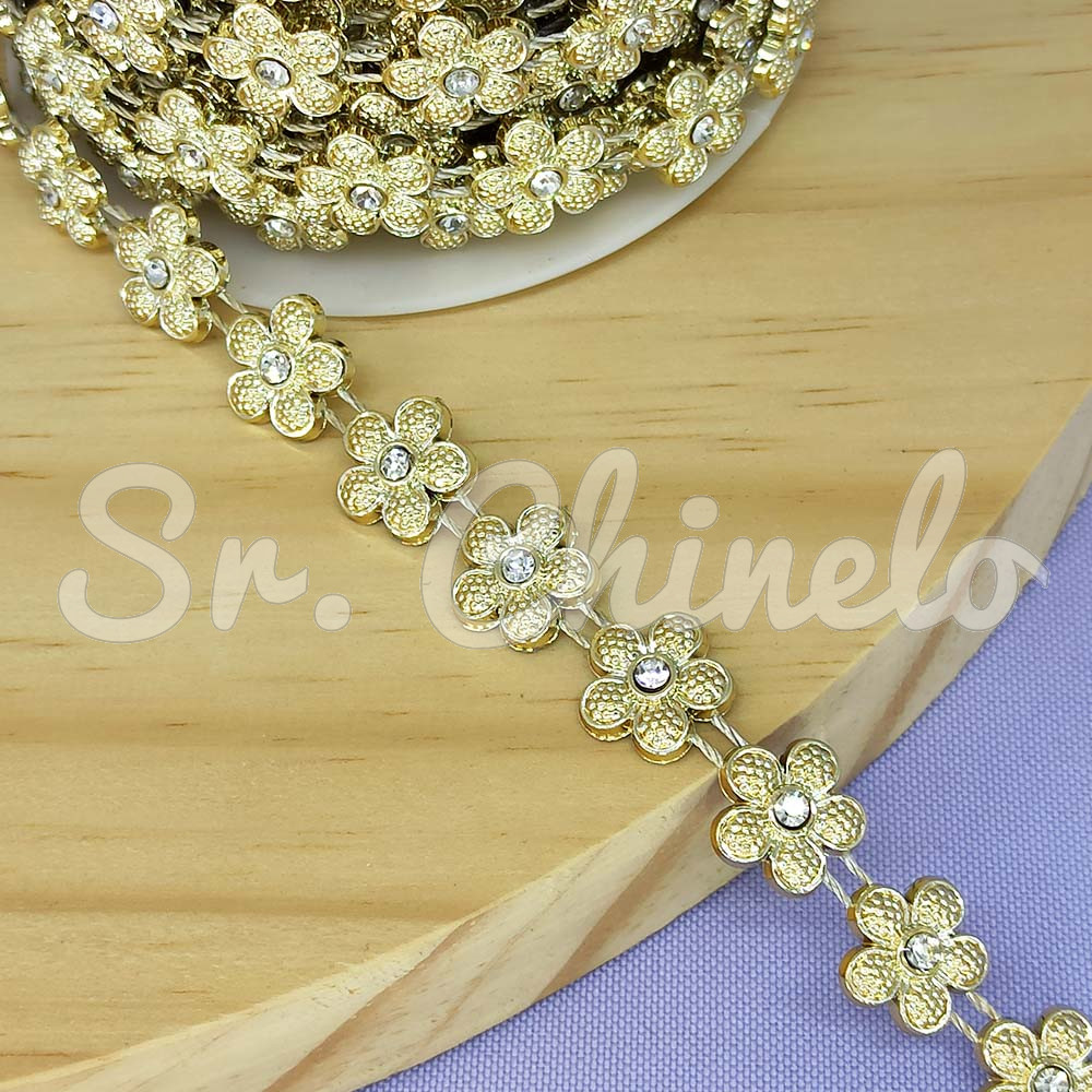 Aljofre de ABS Metalizado, Flor 12mm, Dourado/Cristal