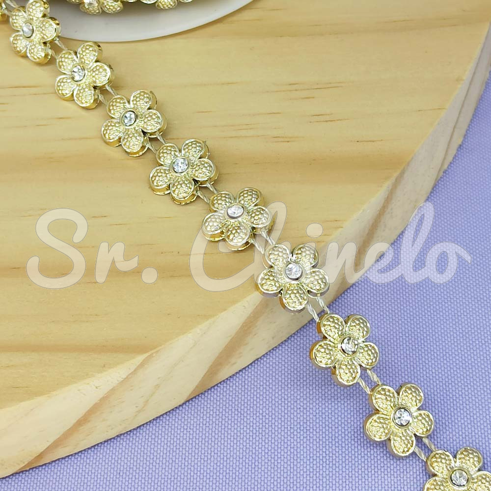 Aljofre de ABS Metalizado, Flor 12mm, Dourado/Cristal