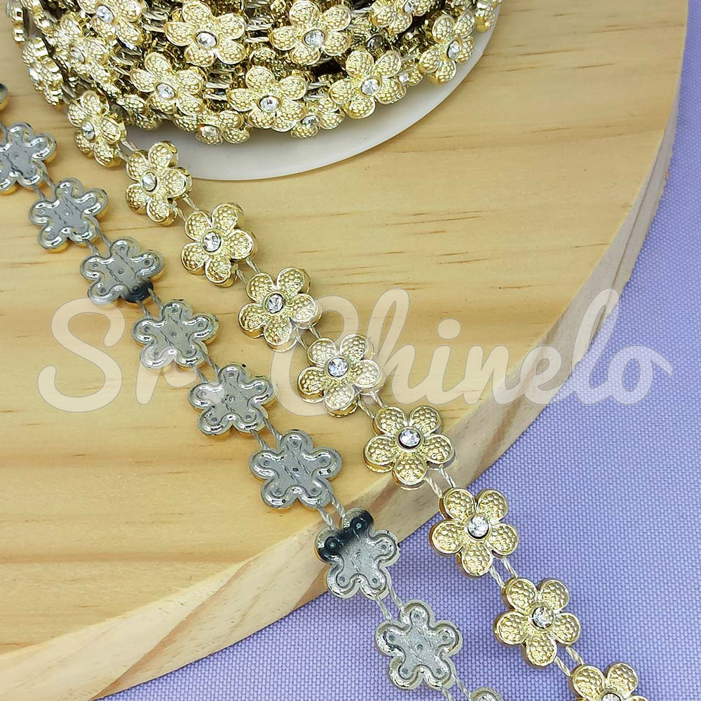 Aljofre de ABS Metalizado, Flor 12mm, Dourado/Cristal