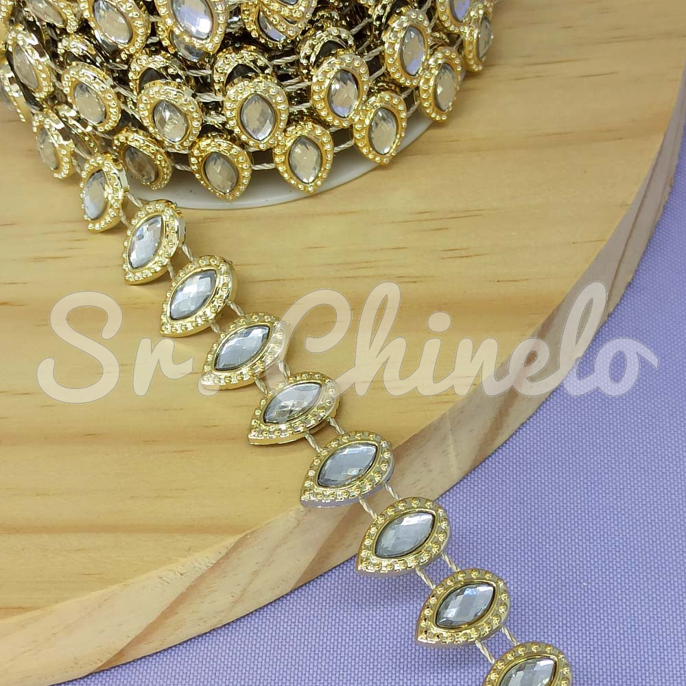 Aljofre de ABS Metalizado, Gota 15mm, Dourado/Cristal