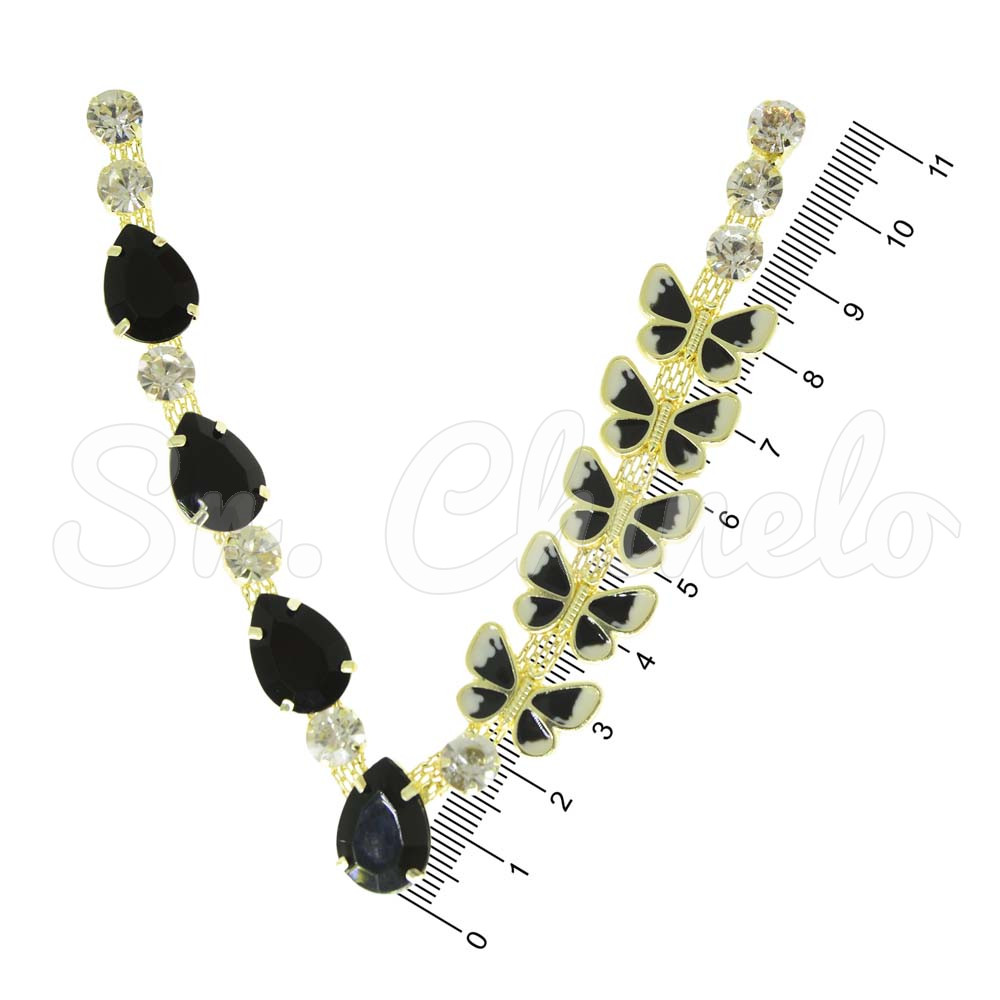 Cabedal Lily, Borboletas, Rebite, Preto/Cristal