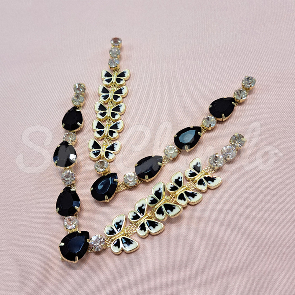 Cabedal Lily, Borboletas, Rebite, Preto/Cristal