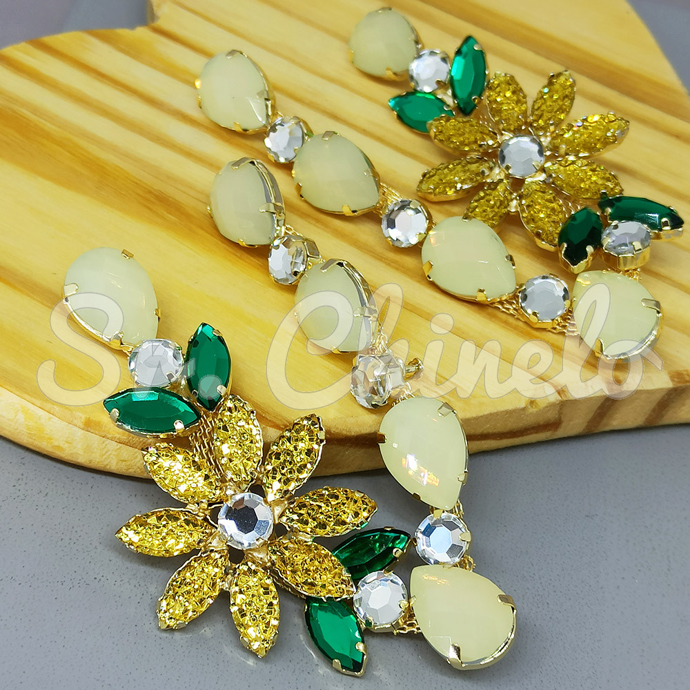 Cabedal Daisy, Pedraria Drusa, Banhado, Rebite, Branco Opal/Amarelo
