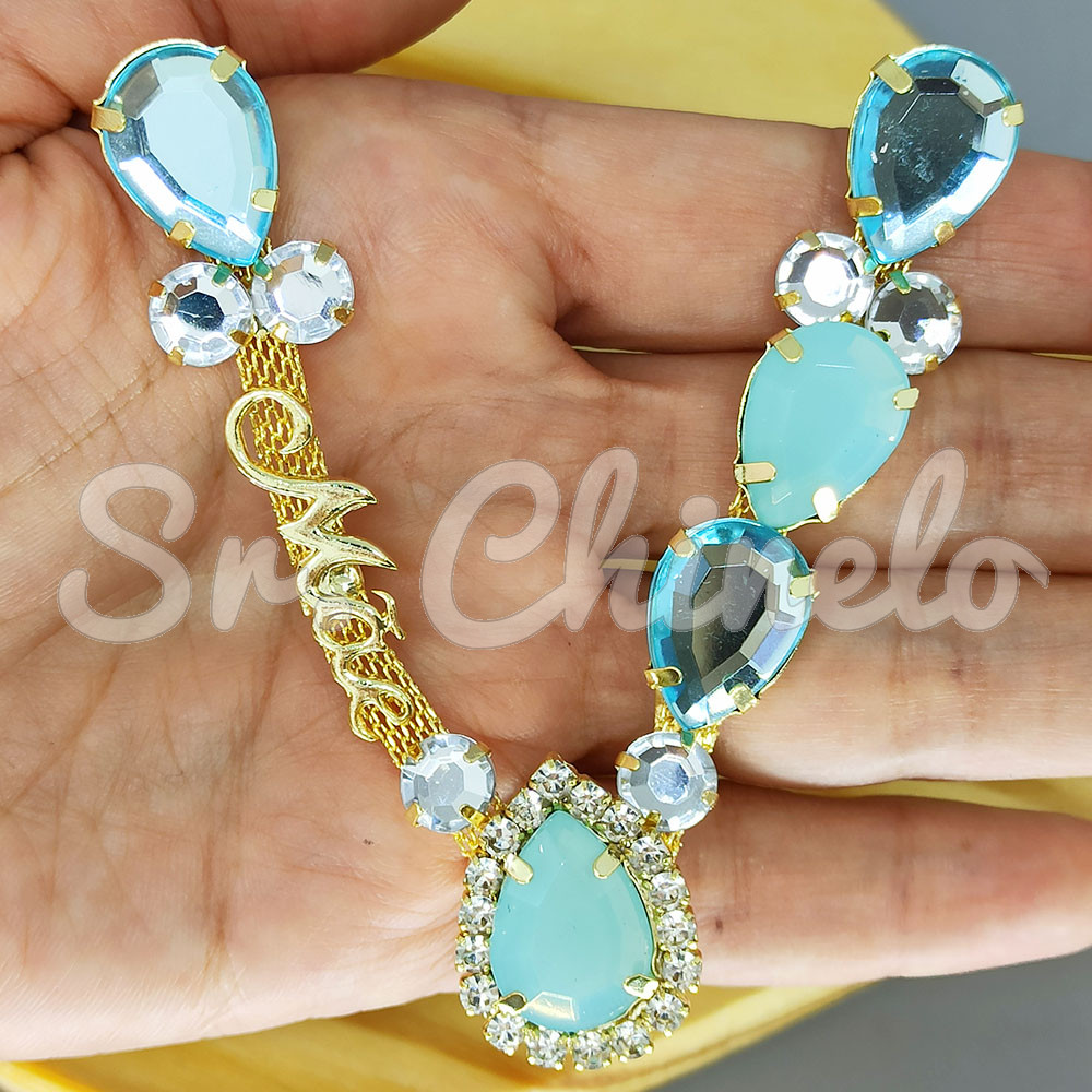 Cabedal Mãe, Gotas com Strass, Banhado, Rebite, Azul Tiffany