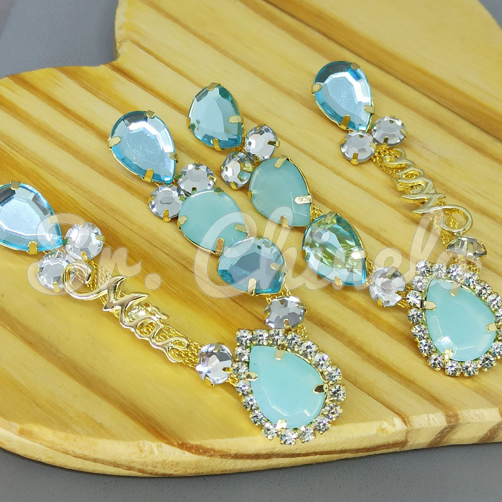 Cabedal Mãe, Gotas com Strass, Banhado, Rebite, Azul Tiffany