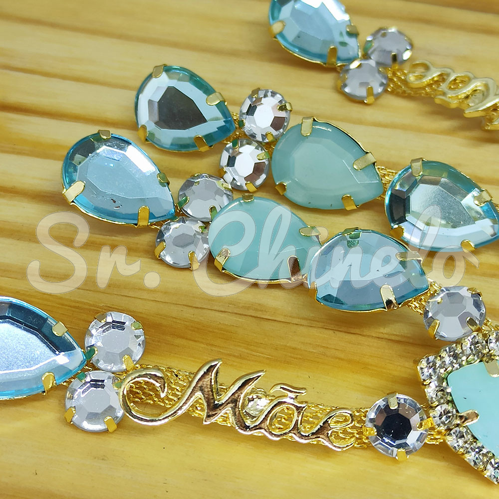 Cabedal Mãe, Gotas com Strass, Banhado, Rebite, Azul Tiffany