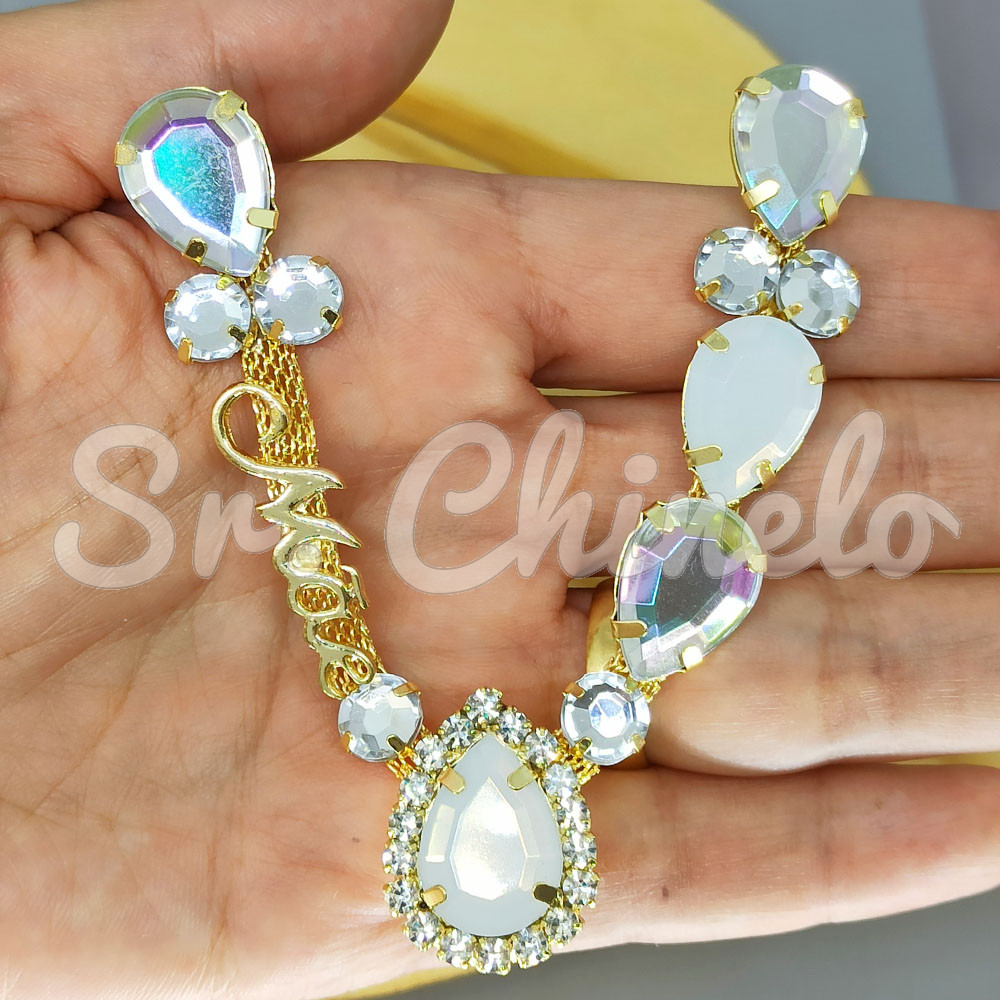 Cabedal Mãe, Gotas com Strass, Banhado, Rebite, Branco/Furtacor