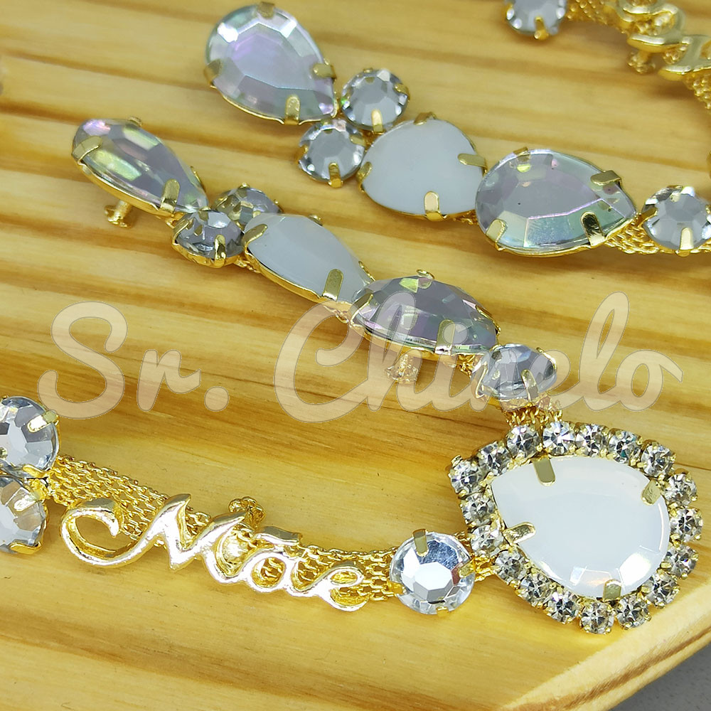 Cabedal Mãe, Gotas com Strass, Banhado, Rebite, Branco/Furtacor