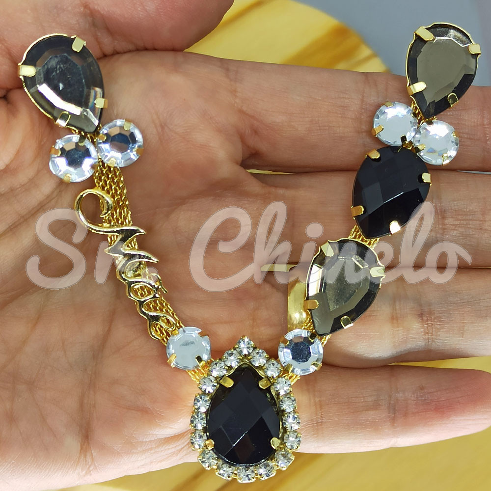 Cabedal Mãe, Gotas com Strass, Banhado, Rebite, Preto/Fumê