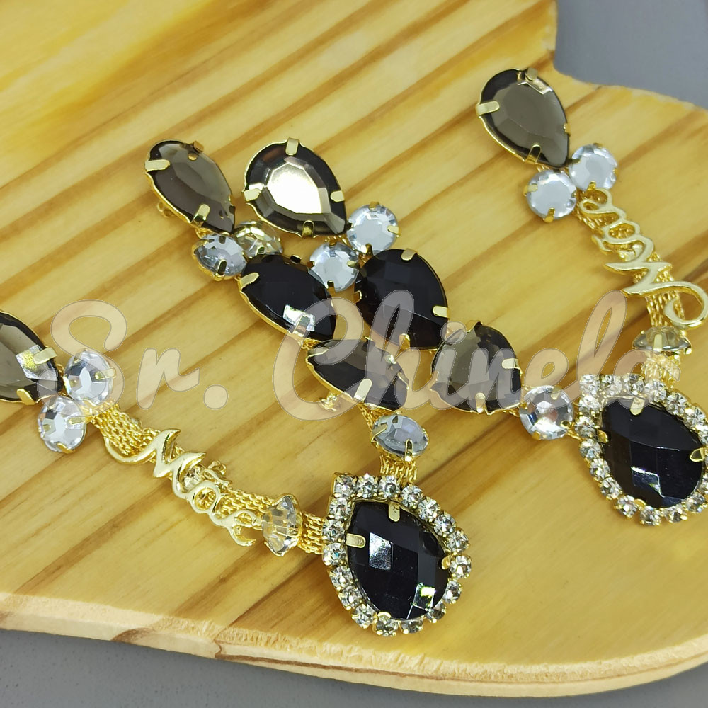 Cabedal Mãe, Gotas com Strass, Banhado, Rebite, Preto/Fumê