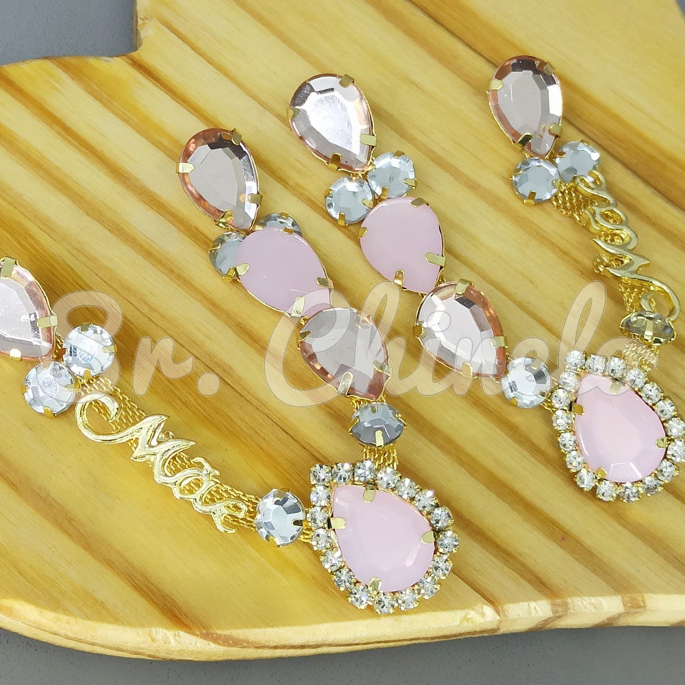 Cabedal Mãe, Gotas com Strass, Banhado, Rebite, Rosa Vintage