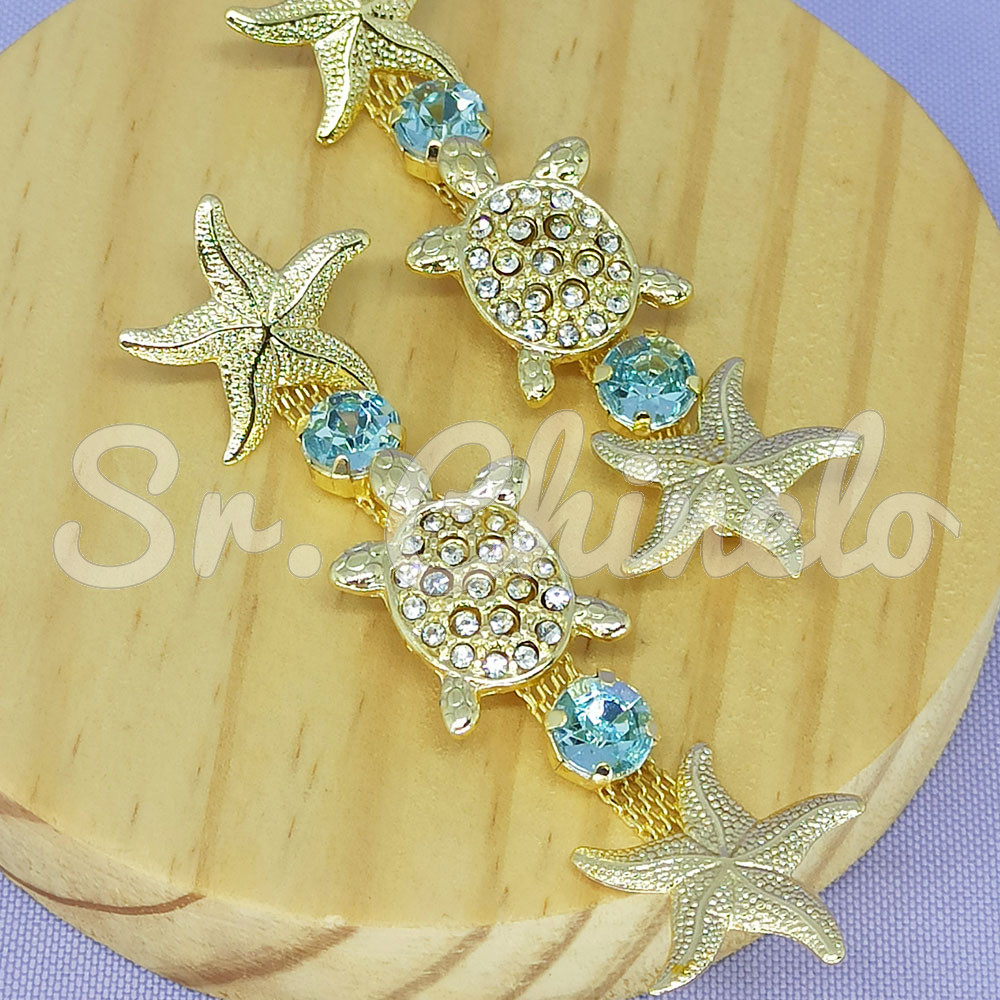 Cabedal Tartaruga e Estrela do Mar, Banhado, Rebite, Azul Aqua