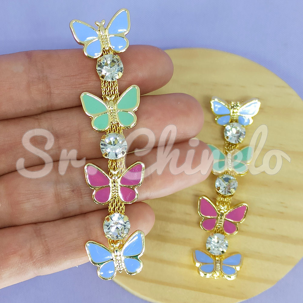 Cabedal Alícia, Banhado, Rebite, Borboletas, Colorido Pastel