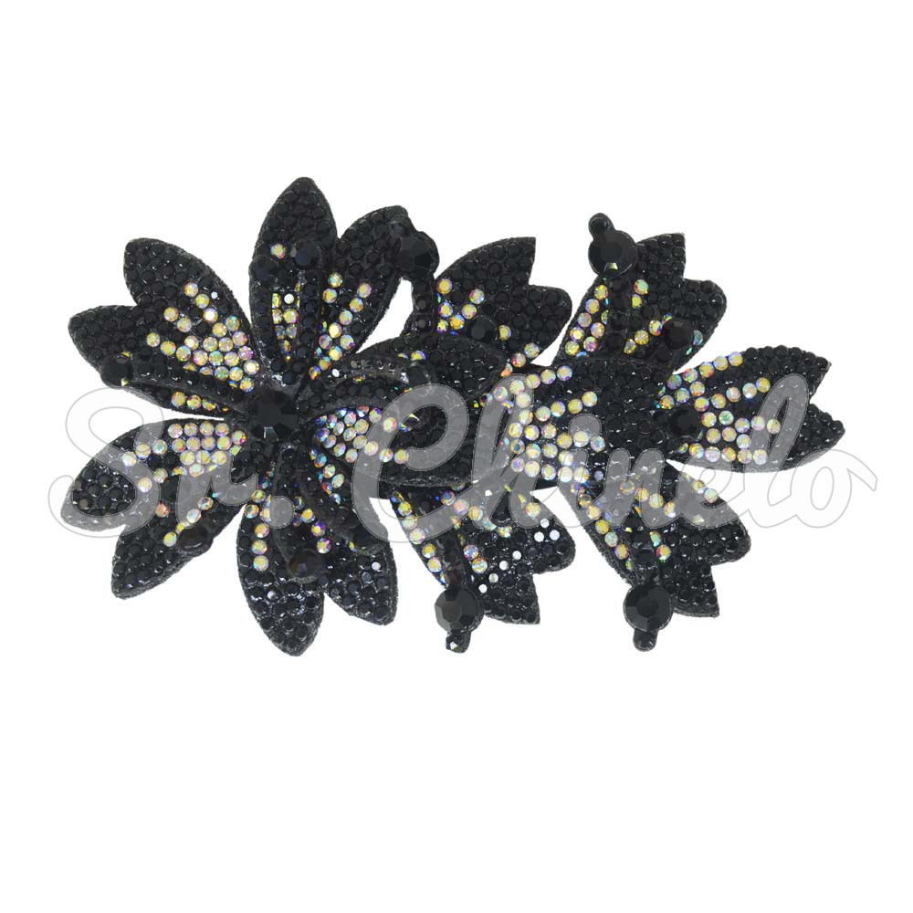 Cabedal Miriam, Três Flores com Strass, Tecido, Preto/Furtacor