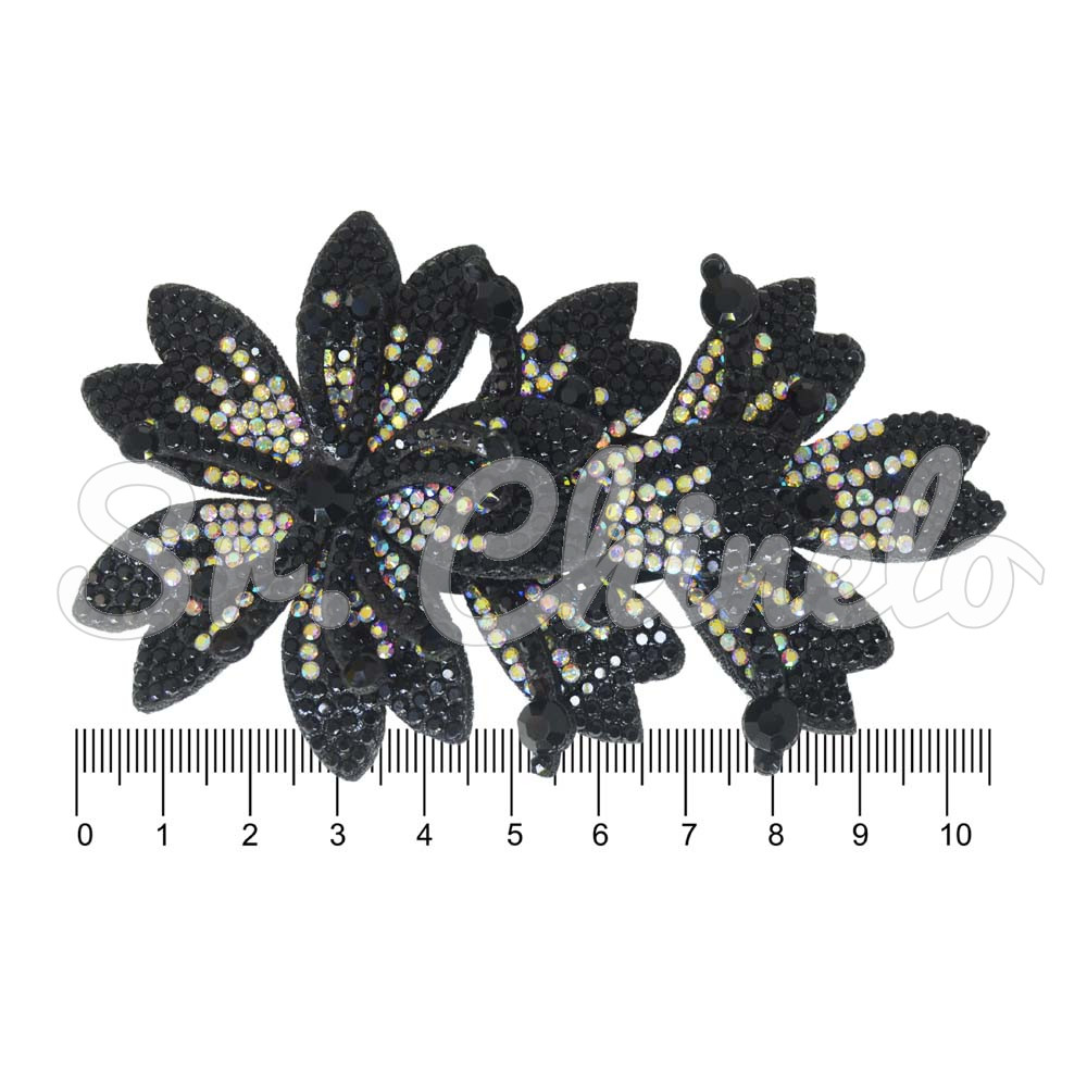 Cabedal Miriam, Três Flores com Strass, Tecido, Preto/Furtacor