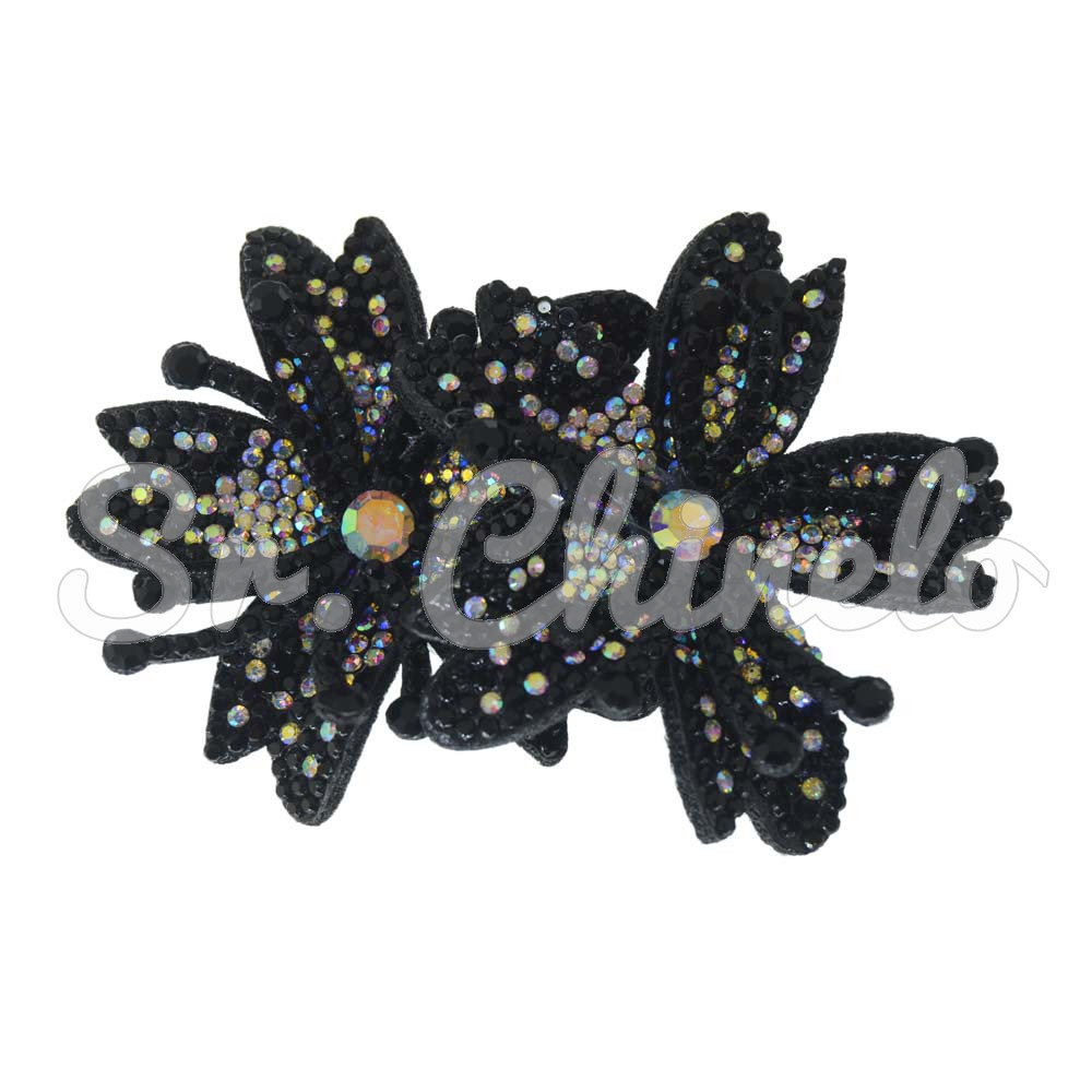 Cabedal Mavie, Duas Flores com Strass, Tecido, Preto Furtacor