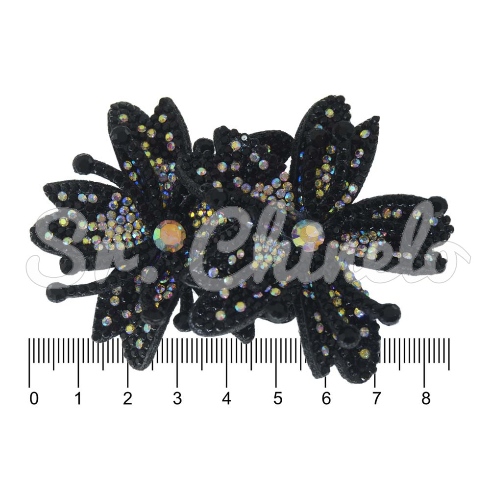 Cabedal Mavie, Duas Flores com Strass, Tecido, Preto Furtacor