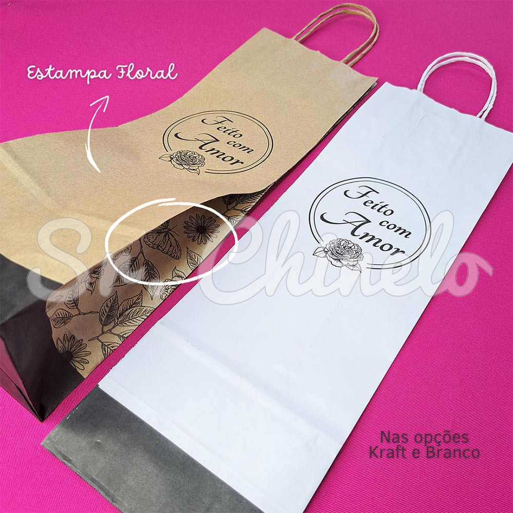 Sacola, 12cm x 36cm, Feito com Amor, Flores e Insetos, Kraft