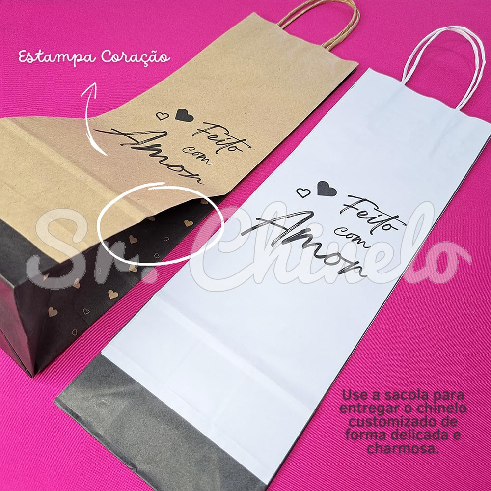Sacola, 12cm x 36cm, Feito com Amor, Corações, Kraft