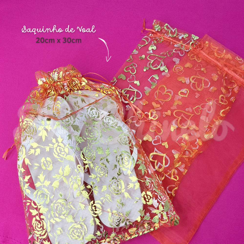 Saquinho de Voal, 20cm x 30cm, Estampa Flores, Vermelho/Dourado
