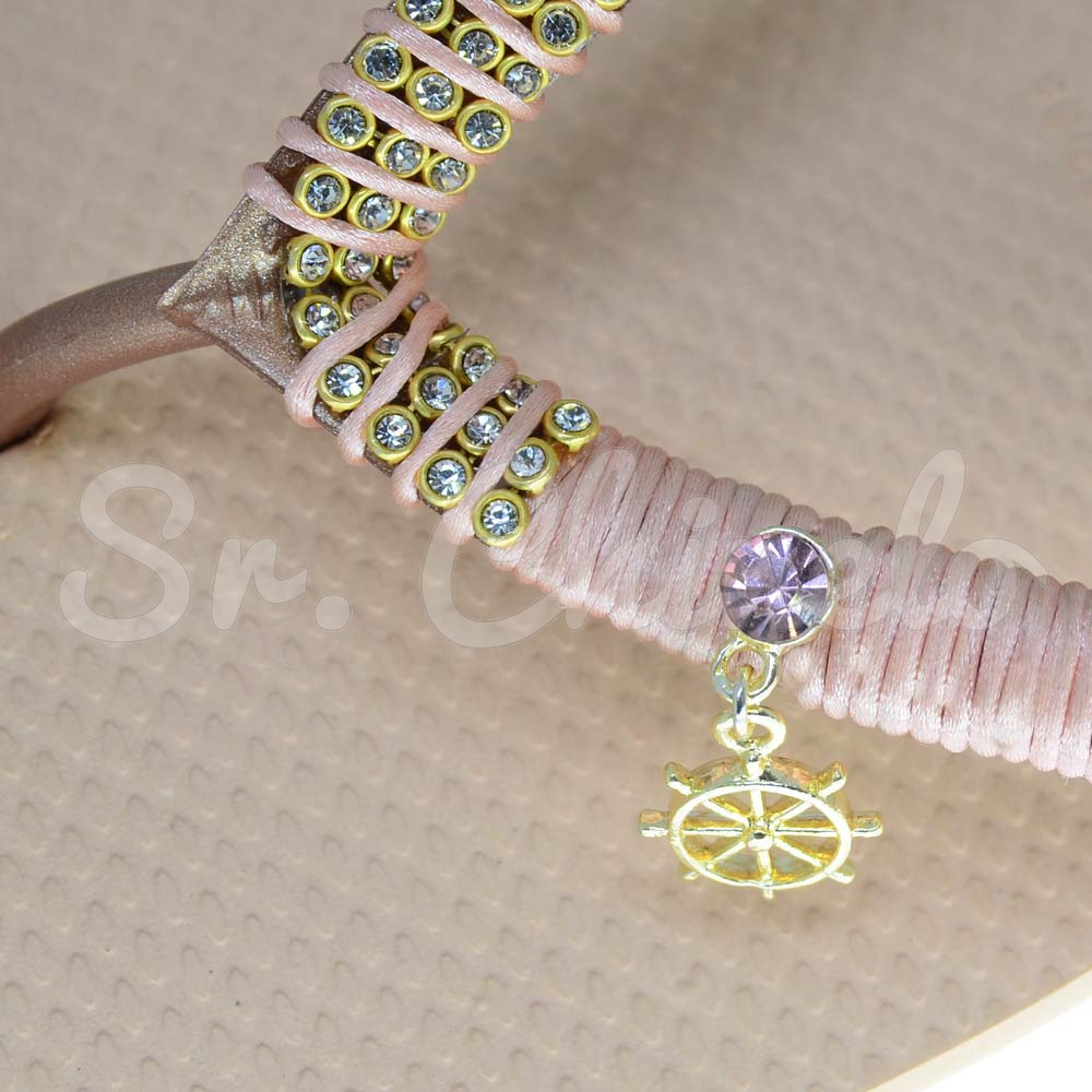 Piercing de Rebite com Pingente, Leme, Strass Rosa Claro