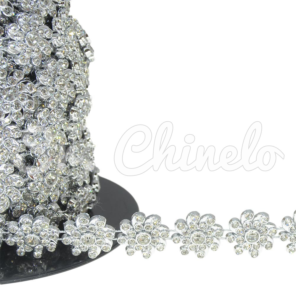 Aljofre de ABS Metalizado, Florzinha 17mm, Prateado/Cristal