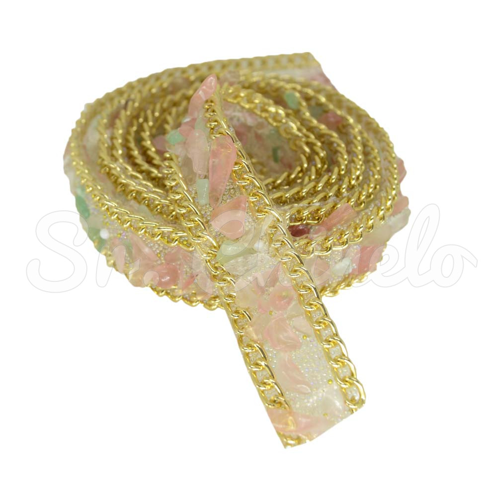 Manta de Cascalho com Corrente Dourada, 15mm, Rosa Pastel/Verde Pastel