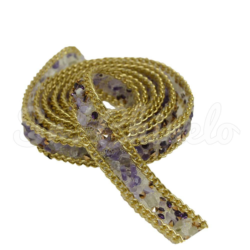 Manta de Cascalho com Corrente Dourada, 15mm, Roxo/Lilás/Branco