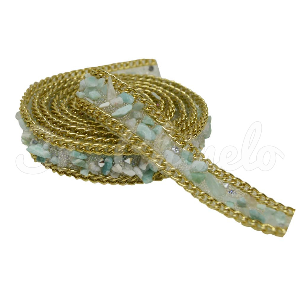 Manta de Cascalho com Corrente Dourada, 15mm, Verde Claro/Branco