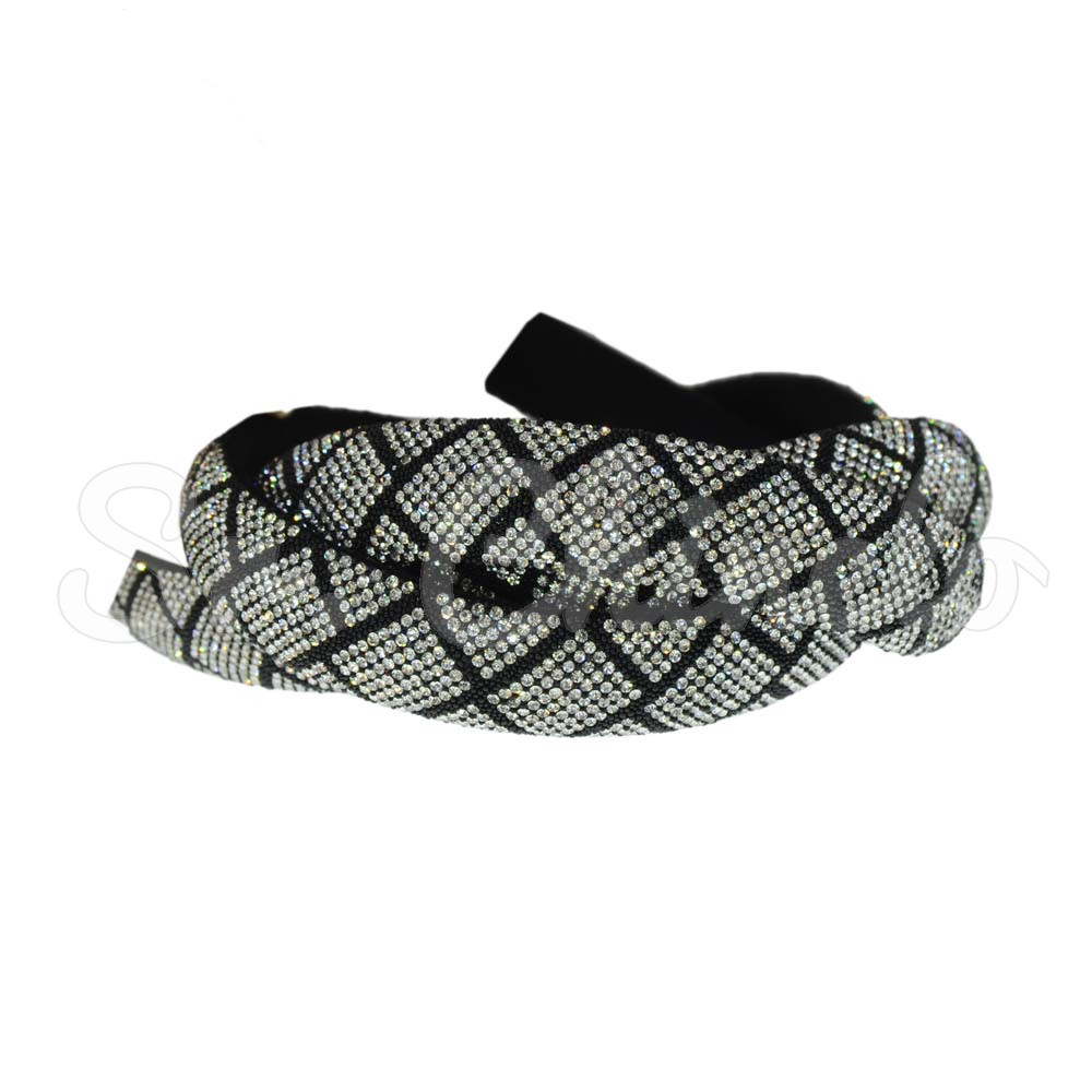 Tubo de Strass Meia Cana, 15mm, Geométrico Losango, Preto/Cristal