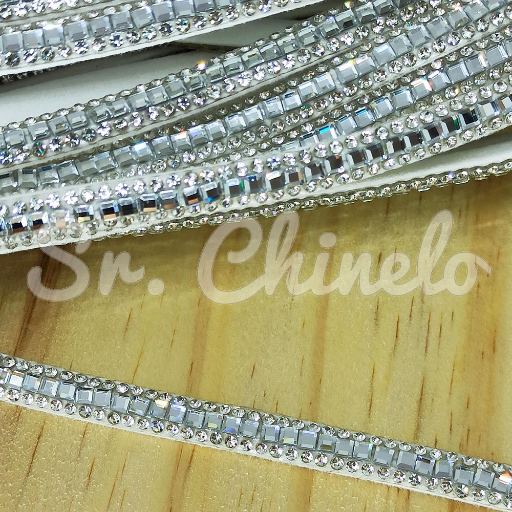 Tubo de Strass Meia Cana, 06mm, Quadradinhos, Branco/Cristal