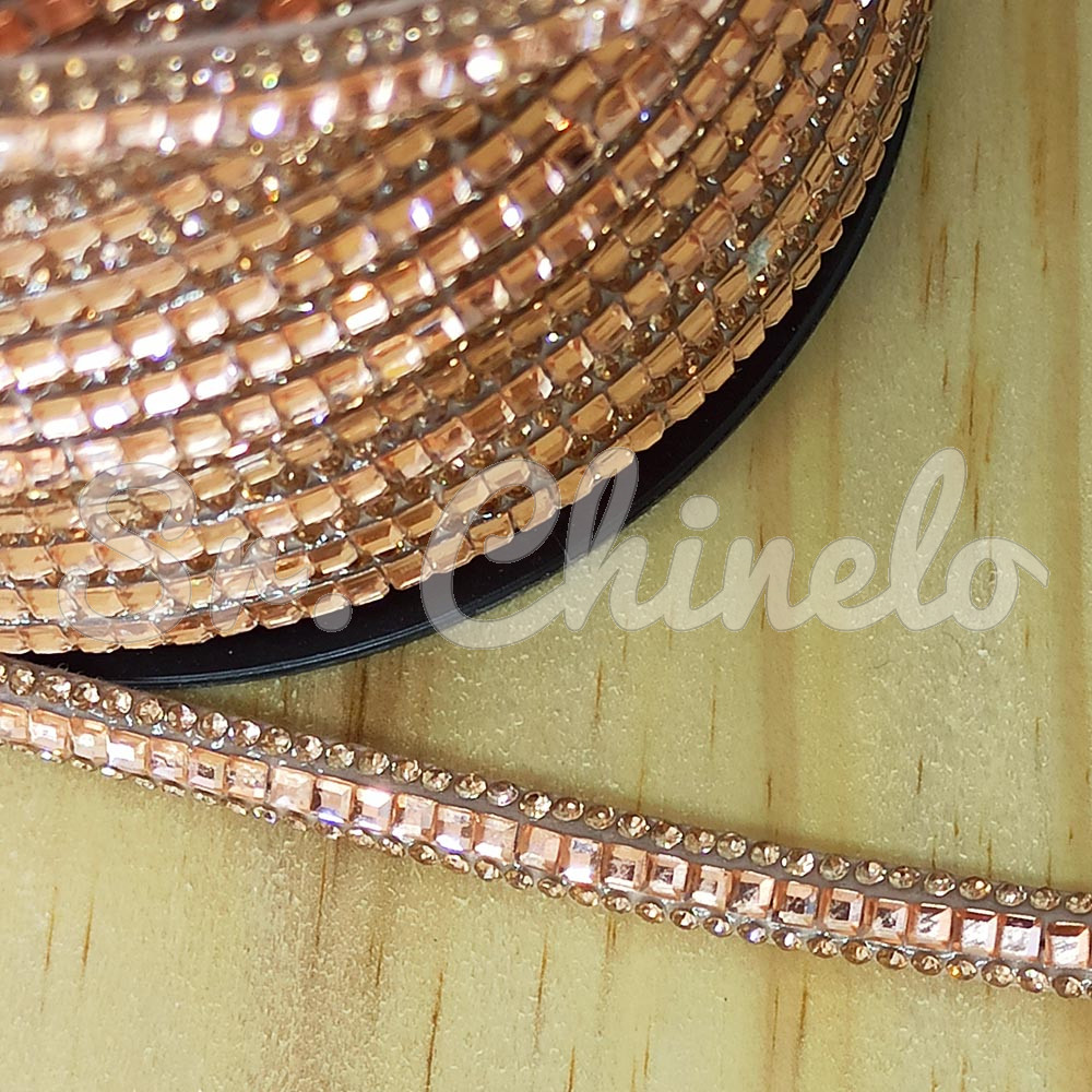 Tubo de Strass Meia Cana, 06mm, Quadradinhos, Bege/Rose Gold