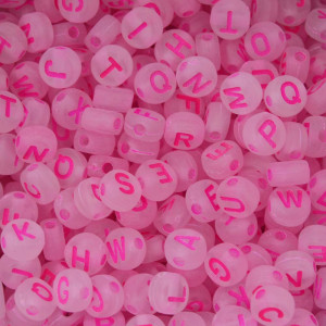 Miçanga Plástica, Letras Aleatórias, Redondo 07mm, Branco Transparente/Rosa Neon